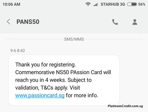 SMS Reply for NS50 PAssion Card